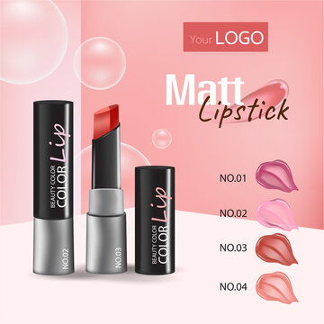 點擊來源直接獲取大圖文件 唇妝優雅橫幅設計 具有逼真的 3 種強烈色彩口紅套裝包裝介紹的化妝品信息廣告海報向量插圖 模板 3d質感矢量日化商品主圖banner模板